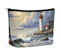 Piccola borsa cosmetica elegante e spaziosa, a forma di faro marino, sabbia e spiaggia, borsa per il trucco portatile con cerniera, borsa per rossetto, borsa da viaggio per articoli da toeletta, regal