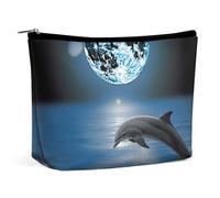 Piccola borsa cosmetica elegante e spaziosa con motivo a delfino e luna, pochette portatile con cerniera, borsa per rossetto, borsa da viaggio per articoli da toeletta, regalo per la migliore amica