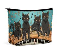 Piccola borsa cosmetica elegante e spaziosa con quattro gatti neri sdraiati sulla tastiera del pianoforte, pochette portatile con cerniera, borsa per rossetto, borsa da viaggio per articoli da toelett