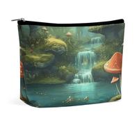 Piccola borsa cosmetica elegante e spaziosa con vista sul fiume con stagno e pesci, funghi nella giungla, alberi, borse per il trucco, custodia portatile con cerniera, borsa per rossetto, borsa da via