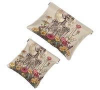 Piccola borsa cosmetica tascabile, borsa da viaggio per il trucco da viaggio, senza cerniera, mini astuccio per trucco a chiusura automatica, per donne e ragazze, scheletro, fungo, piante, fiori,