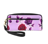 Piccola borsa di trucco delle rose rosse e viola, doppio sacchetto parteggiato del cuoio di CasePU della matita