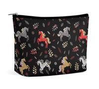 Piccola borsa per il trucco, borsa cosmetica da viaggio in pelle PU vintage unicorni magici rami foglie cavallo, grande capacità borsa impermeabile con cerniera, borsa da toilette portatile per donna