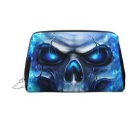 Piccola borsa per il trucco con stampa 3D con teschio blu stampato borsa portatile in pelle borsa per cosmetici da viaggio organizer per donne, cerniera dorata, Argento, One Size, Astuccio per trucchi