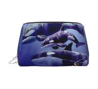 Piccola borsa per il trucco con stampa di orche assassine, borsa portatile in pelle per trucchi da viaggio, organizer per donne, cerniera dorata, Argento, One Size, Astuccio per trucchi