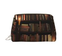 Piccola borsa per il trucco con stampa di una biblioteca misteriosa, portatile, in pelle, da viaggio, per cosmetici, organizer per donne, cerniera dorata, Oro, One Size, Astuccio per trucchi