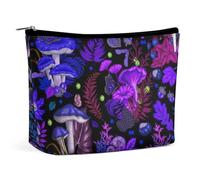 Piccola borsa per il trucco da donna, borsa cosmetica da viaggio in pelle PU, grande capacità, con cerniera, borsa da toilette impermeabile, fungo magico misterioso della strega, foglia viola, funghi