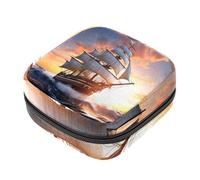 Piccola borsa per il trucco da viaggio,borse per cosmetici per donna,Barca a vela dell'oceano di alba del mare,borsa per il periodo
