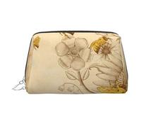 Piccola borsa per il trucco in pelle con stampa di api e fiori selvatici rurali borsa portatile per cosmetici da viaggio organizer per donne, cerniera dorata, Argento, One Size, Astuccio per trucchi