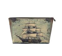 Piccola borsa per il trucco per borsetta, impermeabile, da viaggio, trousse portatile in pelle per cosmetici, organizer per accessori da donna, Torre Eiffel, Mappa nautica vintage nave, 7 x 2.4 x 5