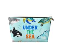 Piccola borsa per il trucco per borsetta, impermeabile, da viaggio, trousse portatile in pelle per cosmetici, organizer per accessori da donna, motivo: razzo pianeta, Pesci Marine Life, 7 x 2.4 x 5