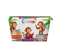 Piccola borsa per il trucco per borsetta, impermeabile, da viaggio, trousse portatile in pelle per cosmetici, organizer per accessori da donna, motivo: razzo pianeta, Scimmie Leggi Libri, 7 x 2.4 x 5