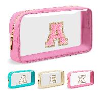 Piccola borsa per il trucco personalizzata trasparente con lettera iniziale, borsa cosmetica in nylon con patchdi crespo stile preppy dalla A alla Z, approvata TSA, trasparente e impermeabile, borsa d