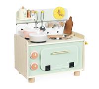 Janod Cucinino Legno-Cucina per Bambini con Quattro Utensili e 10 Accessori Inclusi-Boutons Rotatifs Sonores-Jouet Imitation et Eveil-da 2 Anni, J06640, Colore Verde