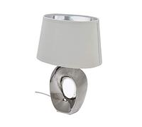 Piccola lampada da tavolo a LED, 1 luce, base in ceramica, color argento, con paralume in tessuto, altezza 33 cm, lampada da comodino