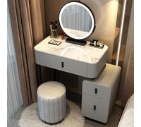 Piccola scrivania da trucco con piano in vetro e specchio, tavolo da toeletta compatto con luci, carino trucco vanity con contenitore, 3 modalità di illuminazione, grigio nero 70 cm