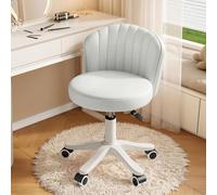 Piccola sedia da scrivania rotonda con ruote, comoda e senza braccioli, for computer, senza schienale, in similpelle, altezza regolabile, girevole, sgabello da lavoro e spa(White,1 with backrest)