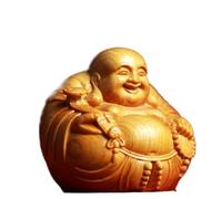Piccola statuetta di Buddha Maitreya sorridente in legno, statua di Buddha sorridente, ornamento artigianale per interni auto (L)