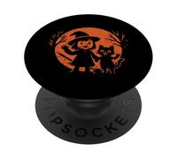 Piccola strega e gatto luna di Halloween PopSockets PopGrip Adesivo