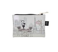 Piccola tasca o borsa portamonete con cerniera, materiale plastico stampato, motivo gatto al ristorante accanto alla Torre Eiffel di Parigi, dimensione 14 x 10 cm, bianco, Stile natura