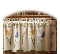 Piccola tenda per finestra in lino a livelli per caffetteria con design floreale e pompon - Tenda per caffetteria da cucina