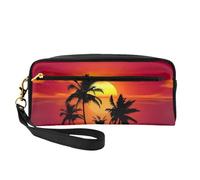 Piccola trousse in pelle con stampa tropicale al tramonto - Beauty case da viaggio per donne, astuccio cosmetico riutilizzabile con cerniera, nero, taglia unica, Nero, One Size
