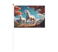 Piccole bandiere bianche sotto l'albero di pesco con stallone bianco su bastoncini, resistenti 14 x 20 cm, mini bandiere per cortile, giardino e decorazioni esterne, confezione da 6 e 12 pezzi