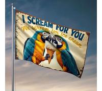 Piccole bandiere con due pappagalli che tengono un cono gelato con il testo "I Scream For You" bandierine divertenti da giardino decorative per camper (30 x 45 cm)