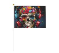 Piccole bandiere con teschi floreali che ascoltano la musica su bastoncini, resistenti 14 x 20 cm, mini bandiere per cortile, giardino e decorazioni esterne, confezione da 6 e 12 pezzi