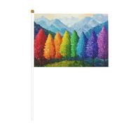 Piccole bandiere tenute in mano con alberi colorati sul paesaggio montano, mini bandiere su bastone per feste, attività di squadra, parate, decorazione per le vacanze, confezione da 10