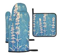 Piccole piante su uno sfondo blu resistenti al calore guanti da cucina colorati cuscinetti caldi, carino panettiere, regali da cucina per amanti della cucina cuochi mamma