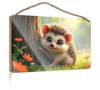 Piccoli cartelli in legno con detti "A Cute Hedgehog With Big Blue Eyes Is Hiding Behind A Tree In A Sunny Forest Wooded Sign For Men Funny Signs For Bedroom" (23 x 35 cm)
