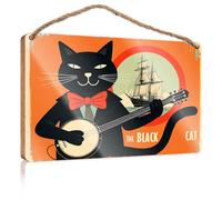 Piccoli cartelli in legno con detti Un gatto nero in abito suona un banjo con una nave sullo sfondo, cartello in legno, accessori per la stanza da uomo, cartelli divertenti per camera da letto (20 x
