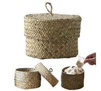 Piccoli cesti di stoccaggio di alghe con scatola di stoccaggio rotondo con paglia sul coperchio con maniglia Piccolo cestino di vimini Organizzazione per snack, arredamento del desktop tasti