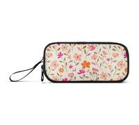 Piccoli fiori con motivo a fogliame pesca arancione beige chiaro in nylon per ragazze grande capacità astuccio con cerniera organizer per cancelleria per ufficio ragazze adolescenti