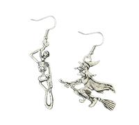 Piccoli orecchini a cerchio gotico punk gioielli Halloween appeso scheletro uomo e strega volante su diamante anello orecchio per, Argento, taglia unica