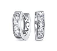 Piccoli Orecchini A Cerchio K-Pop Huggie In Piazza Taglio Principessa Invisibile CZ Channel Set Per Donne Uomo Clear Cubic Zirconia .925 Argento