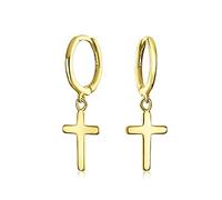 Piccoli Orecchini A Cerchio Pendenti Con Ciondolo Religioso Semplice A Croce Per Donne Uomini E Adolescenti Placcati In Oro Giallo .925 In Argento Sterling