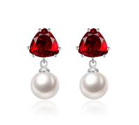 Piccoli orecchini a goccia, orecchini a perno rossi pendenti con zircone triangolare con perla per le donne gioielli di Capodanno alla moda, 25x11MM, base placcata oro rosa, Zirconia cubica