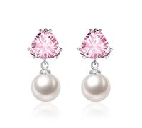 Piccoli orecchini a goccia, orecchini a perno rossi pendenti con zircone triangolare con perla per le donne gioielli di Capodanno alla moda, 25x11MM, base placcata oro rosa, Zirconia cubica