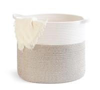 Piccolo cesto portaoggetti rotondo in cotone intrecciato, con manici, grazioso, adatto per la cameretta dei bambini, 24,13 x 24,13 x 18 cm, con cuciture a contrasto, marrone e beige, 8,2 l