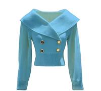 Piccolo colore solido di stile di fragranza che dimagrisce il maglione lavorato a maglia manica lunga superiore, Turchese, M