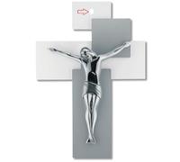 PICCOLO CROCIFISSO DA PARETE MODERNO 17X12 CROCE GRIGIO BIANCO CRISTO COLORE ARGENTATO me12101g