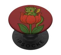 Piccolo drago in un tulipano rosso con simpatici draghi PopSockets PopGrip Adesivo