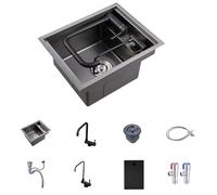 Piccolo lavello da bar in acciaio - Lavello da balcone e cucina con design nascosto, kit di rubinetto pieghevole e scarico, montaggio superiore/sottotop, nero, 35 x 45 x 22 cm
