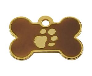 piccolo marrone OSSO MEDAGLIETTA CON ORO impronta zampa design. inciso CANE / animale domestico ID NOME targhetta. fashion. SI PREGA DI EMAIL NOI dettagli Incisione QUANDO POSIZIONA IL TUO ORDINE