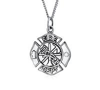 Piccolo pompiere rotondo Fire Dept Shield Medaglione Collana per i vigili del fuoco moglie per le donne in argento sterling 16 pollici