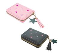 Piccolo portafoglio da donna, 2 pezzi, in pelle, piccolo, 11 x 8,5 cm, per bambini, con chiusura lampo e ciondolo ricamato, per bambini, ragazze, regalo di compleanno (nero rosa), Blu e nero, 11 x 8,5