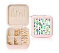 Piccolo portagioie con cactus e fiori di cactus acquerello, in pelle PU, organizer da viaggio per donne e ragazze, custodia per anelli, orecchini, collane, bracciali
