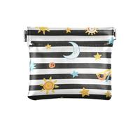 Piccolo portamonete da donna in pelle con strisce bianche e nere con sole e luna, piccola borsa portamonete per donna e ragazza